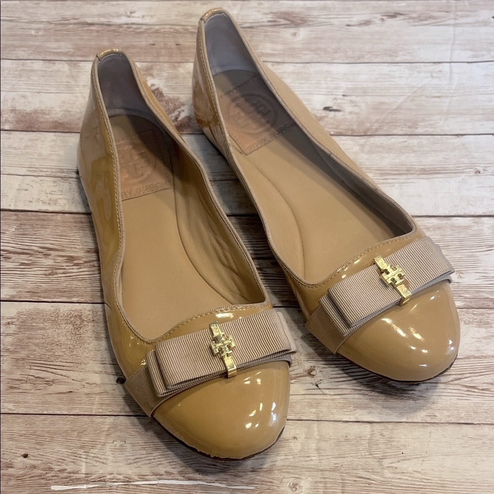 Tory Burch Tan Patent Flats with Gold Bow